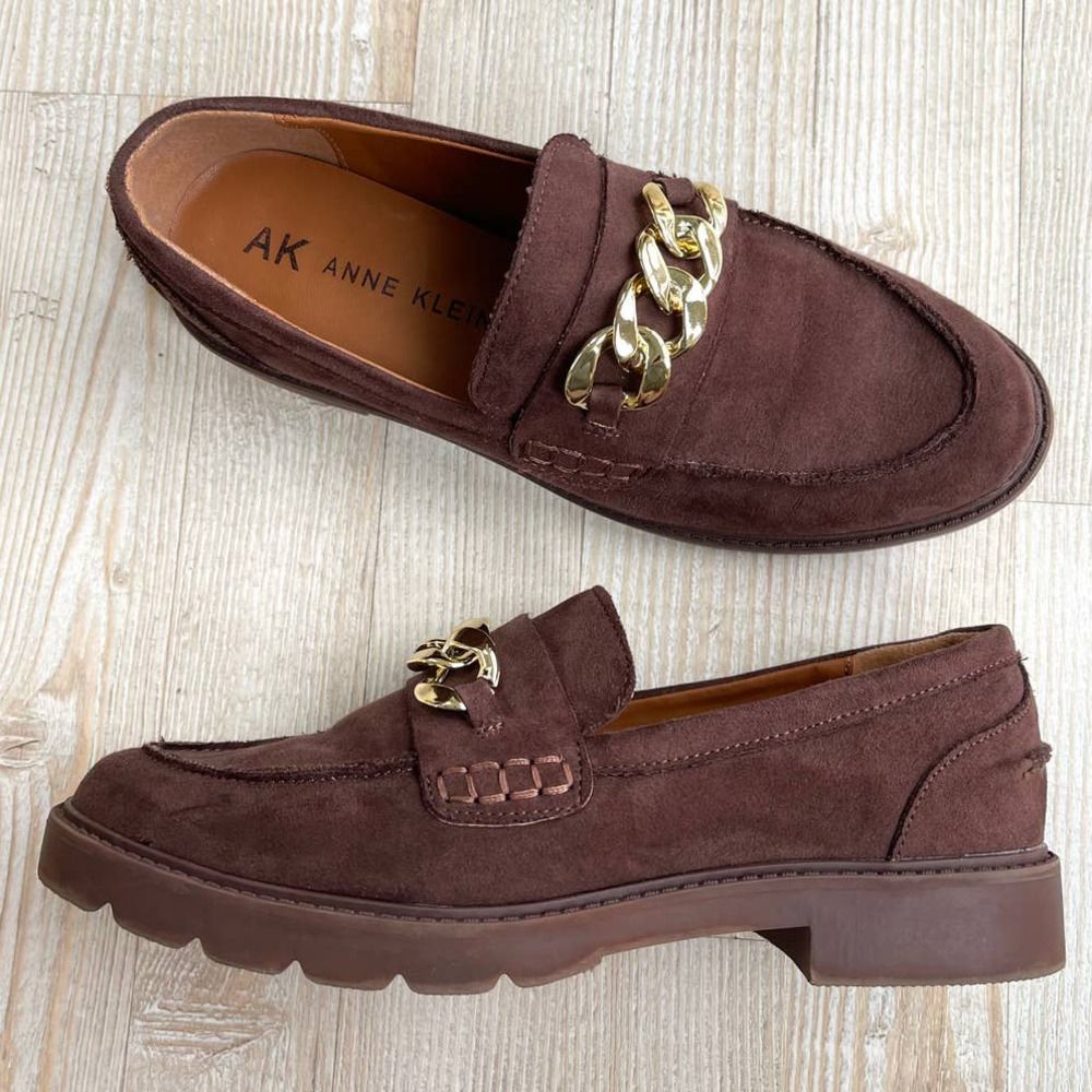 Anne Klein Eunice Chain Strap Vegan Suede Loafers | Brown Size 7.5